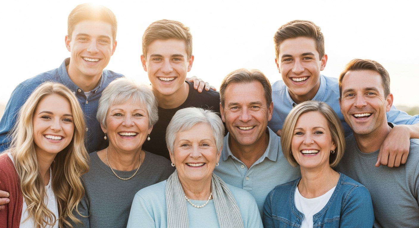 Familien verschiedener Generationen - Verschiedene Altersgruppen lächeln selbstbewusst und zeigen gesunde Zähne